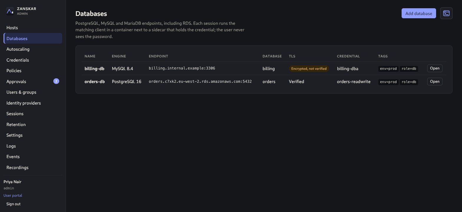 Zanskar Databases page listing a MySQL 8.4 database whose TLS is encrypted but not verified, and a PostgreSQL 16 database on Amazon RDS whose TLS is verified, each with its database, credential and tags