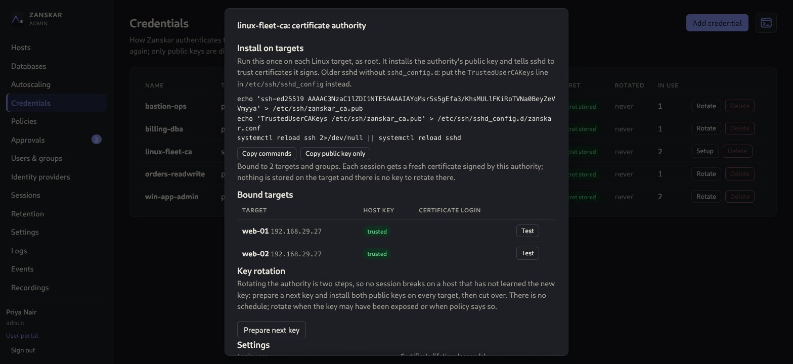 Zanskar Credentials page with the Setup panel of the linux-fleet-ca certificate authority open: the commands that install its public key on a Linux target, the bound targets web-01 and web-02 each with a Test button, and the two-step key rotation